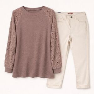 Size 16/2XL Outfit NWT – Santana Slim Cropped Jeans + IWOLLENCE Mauve Lace Top